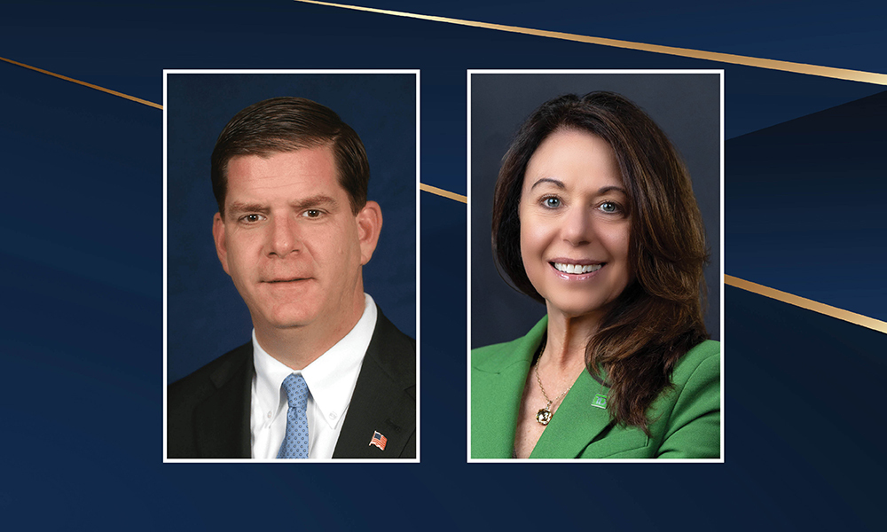 Headshots of Marty Walsh on left and Sheryl McQuade on right.